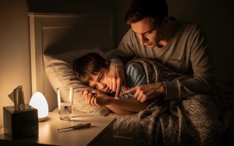 Parent caring for child feeling sick, checking heartbeat, concerned situation