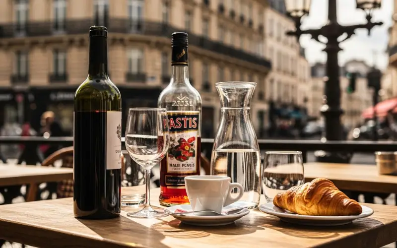 French drinks selection, wine, pastis, espresso, café table in Paris, lifestyle scene, warm tones, cinematic.