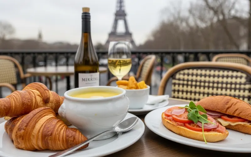 Paris food scene, croissant breakfast, onion soup, croque madame, cozy café, Eiffel Tower background subtle.