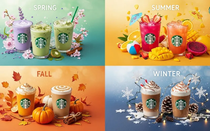 Collage of Starbucks seasonal drinks for Spring, Summer, Fall, Winter, colorful and festive presentation.