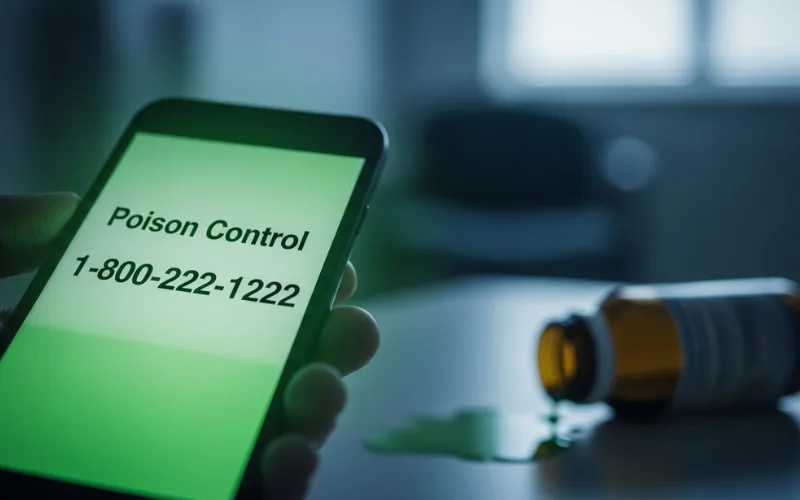 “Phone with Poison Control number on screen, emergency concept, medical theme”