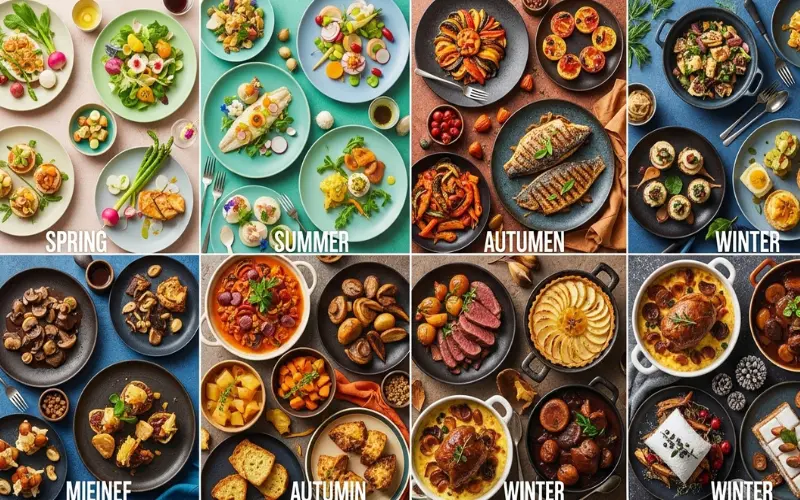 seasonal French food grid, spring summer autumn winter dishes, colorful layout.