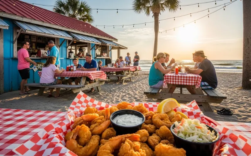 Casual local seafood shack, picnic tables, fried shrimp basket, relaxed atmosphere
