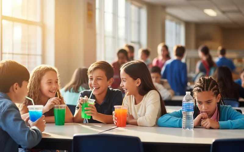 School cafeteria scene with kids holding colorful drinks