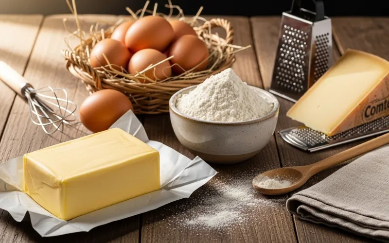 French butter, flour, eggs, cheese on rustic table, ingredient-focused food styling, natural light.