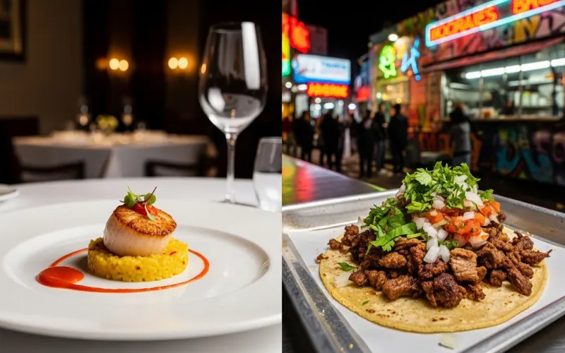 “Fine dining dish and street food taco side by side, Michelin star restaurant and food truck, contrast scene”
