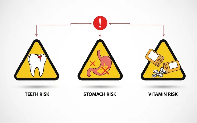 Warning icons for teeth, stomach, and vitamins, health risk concept infographic