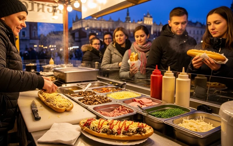 Explain zapiekanka street food, its ingredients, and why it is popular in Poland.