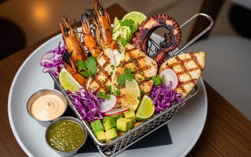 “Grilled seafood on wire basket, Baja California style, modern restaurant plating”