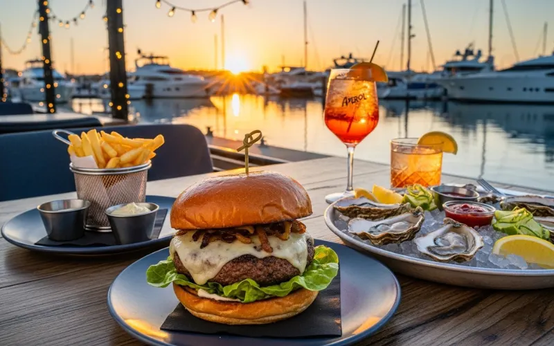 Upscale marina restaurant, wagyu burger, oysters, cocktails, sunset waterfront dining