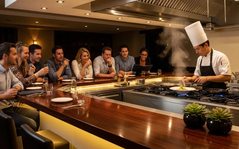 “chef cooking in front of guests, small group dining around bar, warm lighting, interactive fine dining experience”