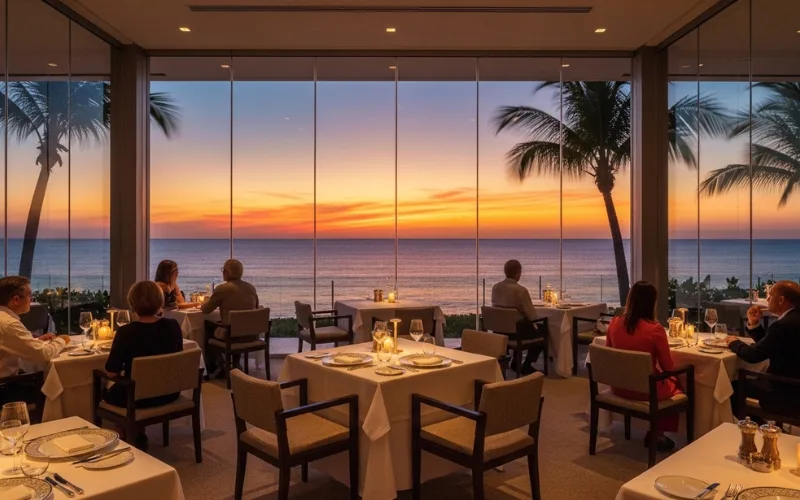 oceanfront restaurant with sunset view, glass walls, elegant dining scene.