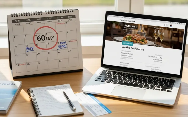 Calendar with 60-day mark, laptop booking restaurant reservation, travel planning concept