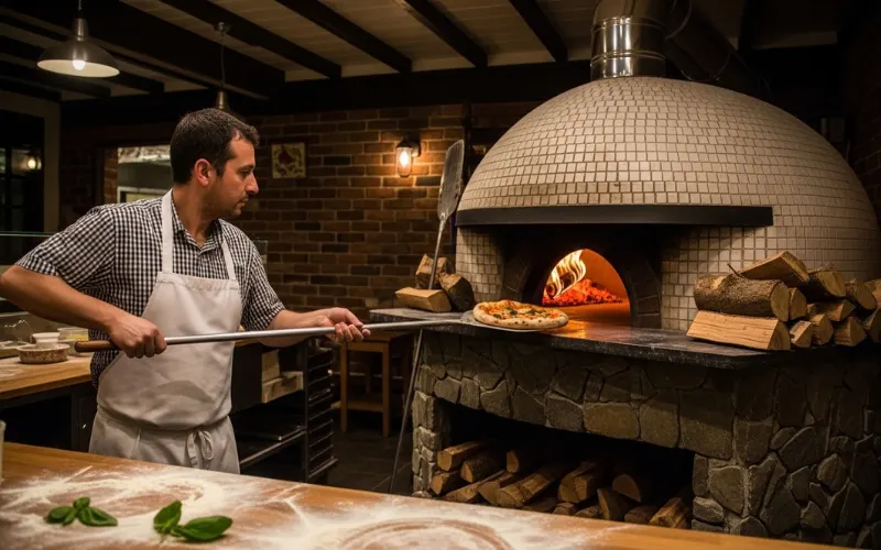 Wood-fired Neapolitan pizza oven, chef placing pizza, rustic pizzeria