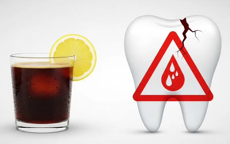 “Tooth icon with acidic drink warning, lemon coffee nearby, minimal medical illustration”