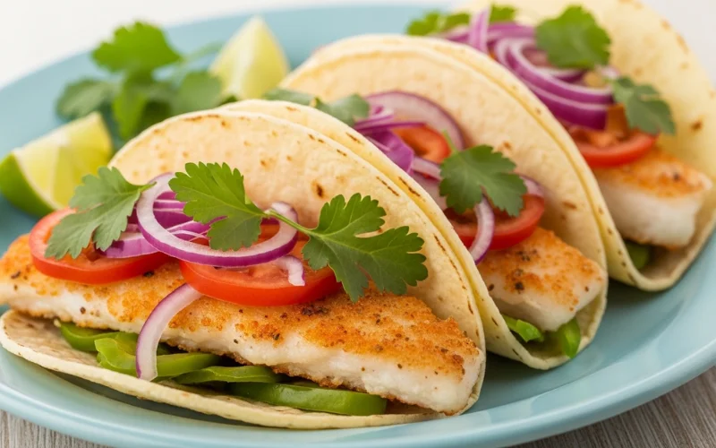 Fish tacos made with pollock and fresh toppings