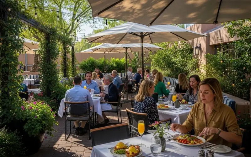 “Arcadia Phoenix patio dining, brunch spots, greenery, relaxed upscale neighborhood”