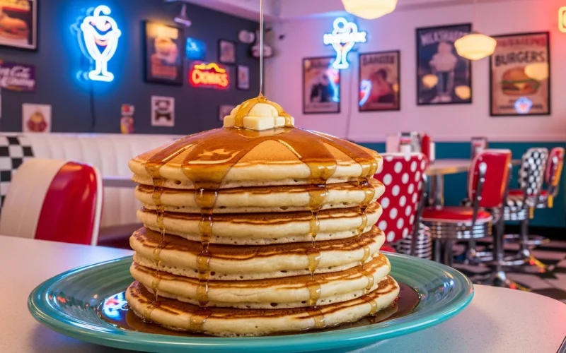 Stack of giant fluffy pancakes, butter melting, retro diner interior, quirky colorful decor