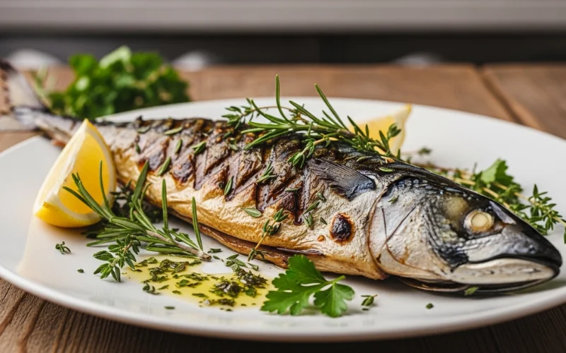 Grilled whole mackerel with herbs on plate