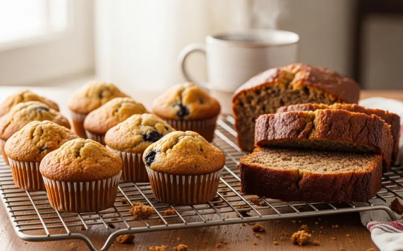 “freshly baked mini muffins and banana bread on cooling rack, home baking scene”