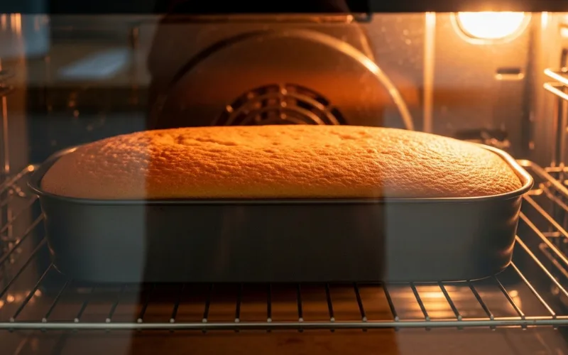 “Sponge cake baking in oven, golden surface, slight rise, warm glow from oven light”