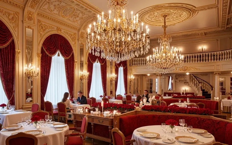 Beauty and the Beast ballroom restaurant, grand chandelier, elegant French dining, romantic atmosphere