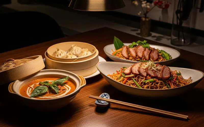 “Thai curry, dumplings, noodles, chopsticks, modern Asian dining table, moody lighting”