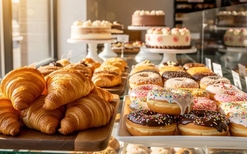 Bakery display, croissants, donuts, cakes, bright bakery interior