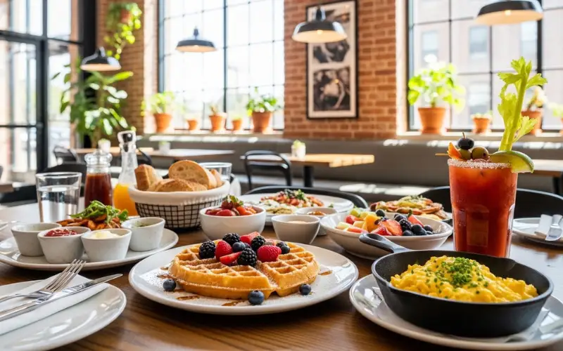 “Brunch table, waffles, eggs, Bloody Mary, bright daylight, trendy cafe atmosphere”