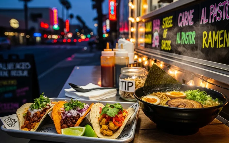 “LA street tacos, food truck, ramen bowl, budget food, street food photography style”