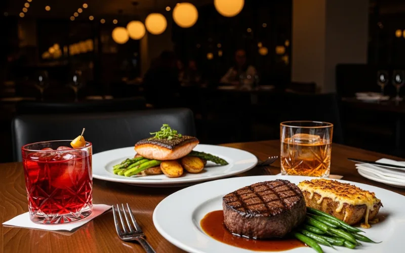 “Dinner table with plated entrée and cocktails, low lighting, modern restaurant atmosphere”