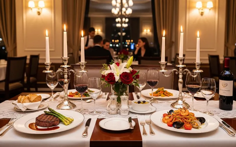 Romantic dinner table, candles, gourmet food, evening restaurant