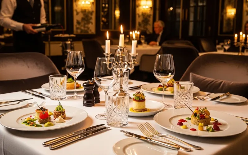 “Elegant fine dining tasting menu, artistic plating, candlelight table, luxury restaurant ambiance”