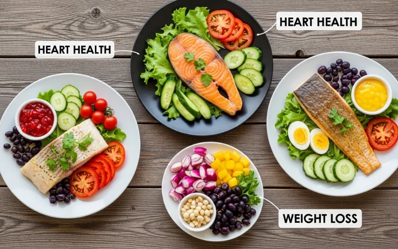 Healthy plates showing fish for heart, brain, weight loss