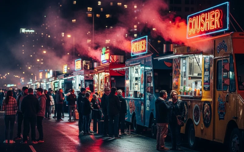 “Food trucks at night, neon lights, crowd ordering food, lively street scene”