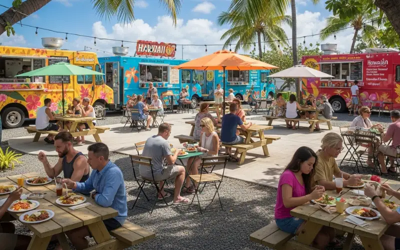Hawaiian food truck park, casual outdoor seating, sunny day, affordable meals.
