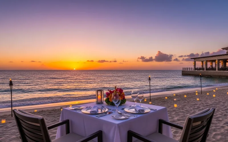 “luxury hotel beachfront dining Aruba, elegant table on sand, sunset, resort restaurant, romantic dinner setup”