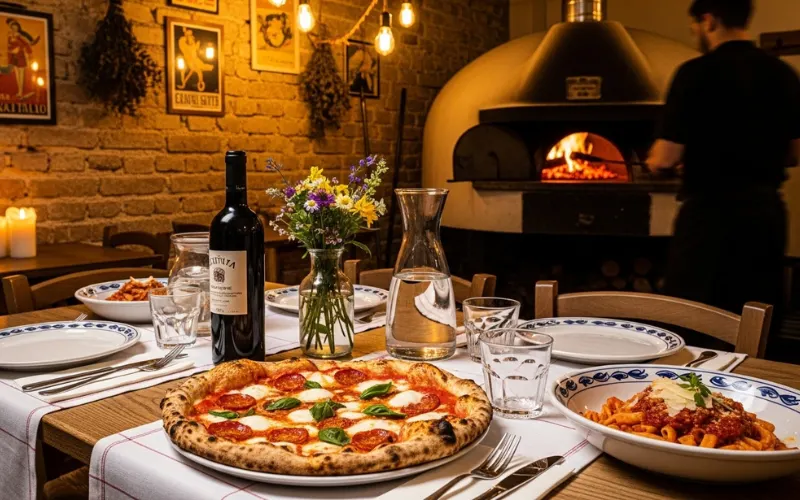 “Wood-fired pizza, fresh pasta, Italian table setting, warm tones, rustic dining scene”