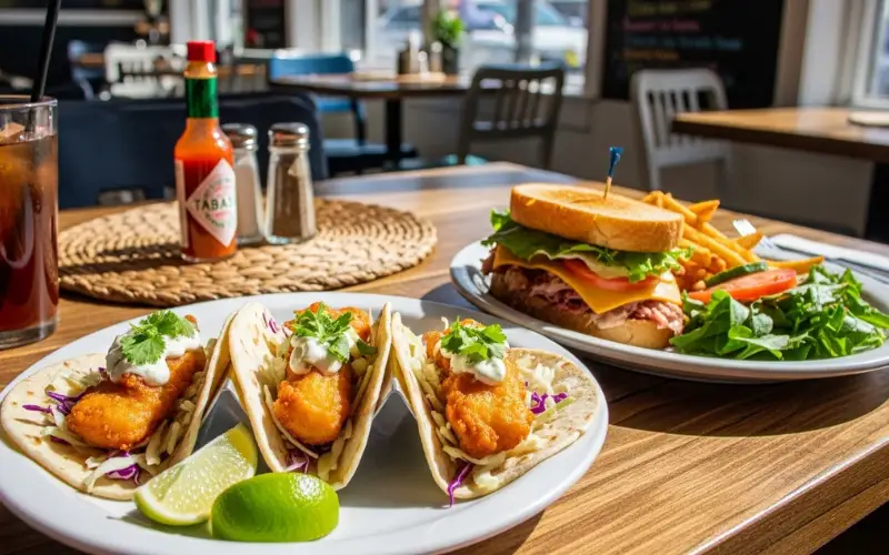 “Fish tacos, sandwich, casual lunch table, daylight, local eatery vibe”