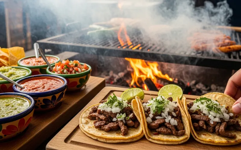 “Carne asada tacos, salsa bar, mesquite grill fire, smoky atmosphere, authentic Mexican street food style”