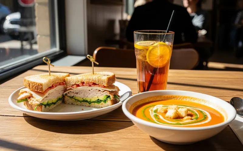 Casual lunch table, sandwich, soup, drink, sunny cafe