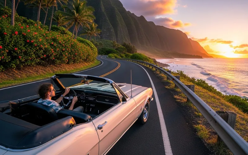 road trip along Hawaiian coast, car driving by ocean cliffs, scenic view.