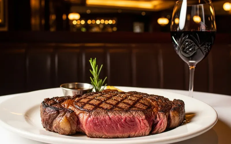 Juicy ribeye steak, wine glass, dark steakhouse interior, premium dining feel
