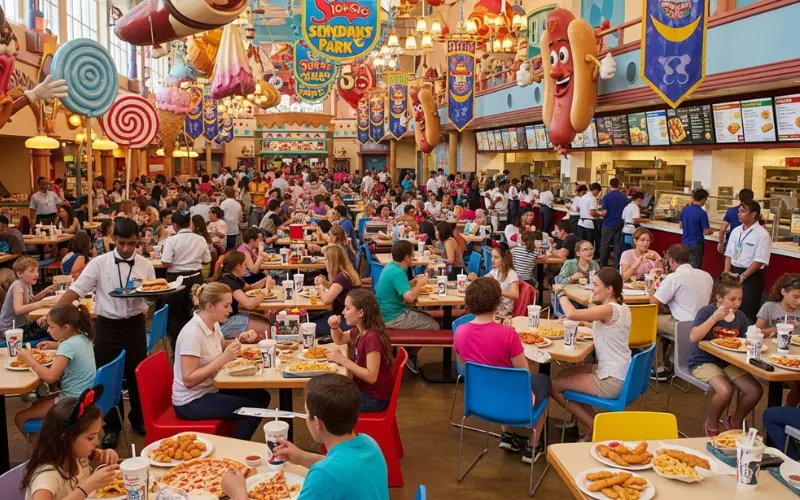 Crowded restaurant , theme park dining area