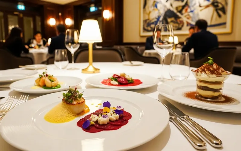 “Luxury fine dining restaurant, tasting menu plates, elegant presentation, Michelin star restaurant atmosphere”