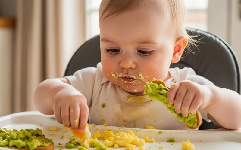 “baby eating soft finger foods like avocado toast and scrambled eggs in high chair, messy cute scene”