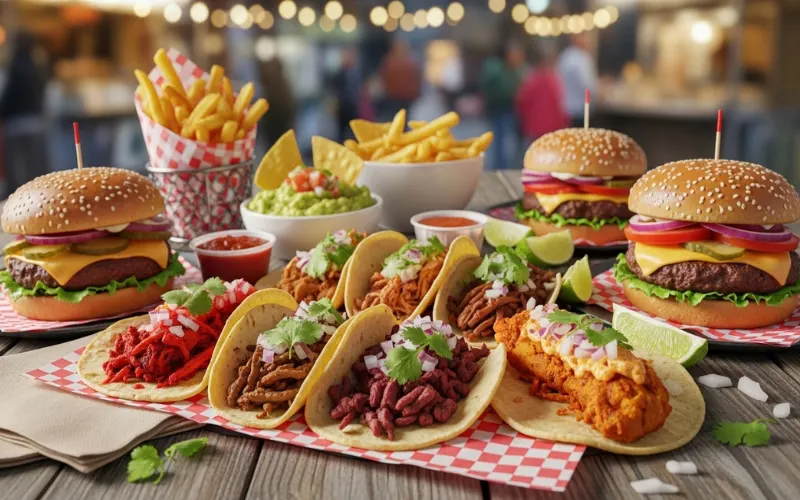 “Cheap eats food spread, tacos, burgers, casual setting, vibrant street food style”