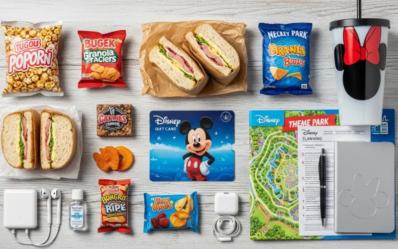 Flat lay travel budget items, snacks, sandwiches, Disney gift card, water cup, theme park planning items