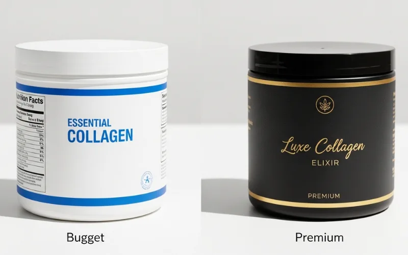 “Two collagen containers side by side, budget vs premium comparison, clean setup”