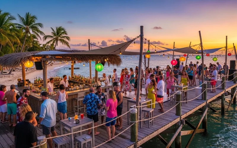 “lively beach bar on pier, people dancing, drinks, sunset party vibe, Caribbean music atmosphere”real n natural